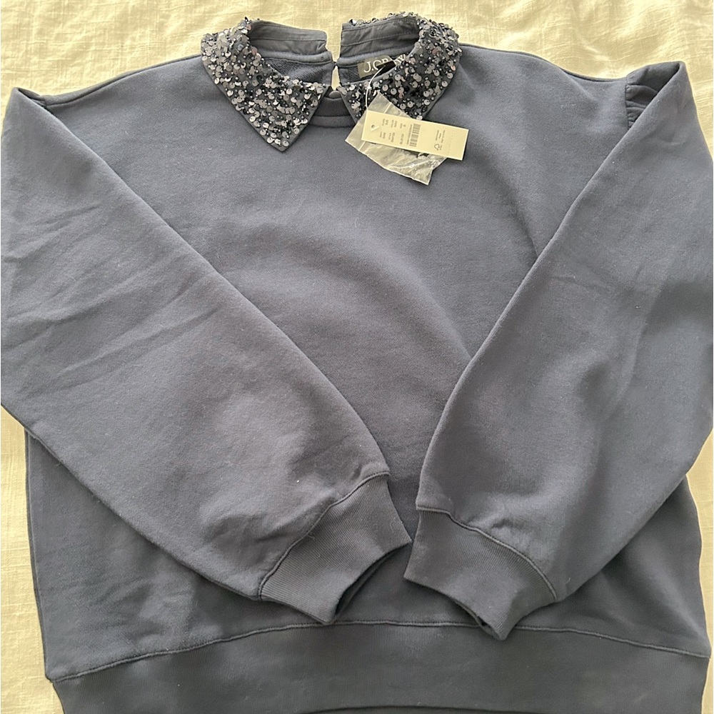 NWT J Crew navy sweatshirt with embellished collar